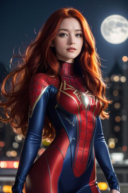 (best quality, masterpiece, colorful, dynamic angle, highest detailed) upper body photo, fashion photography of cute, intense long red hair, \Mary Jane\ in spiderman suit, (ultrahigh resolution textures), in dynamic pose, bokeh, glowing web, (intricate details, hyperdetailed:1.15), detailed, moonlight passing through hair, perfect night, colorful poster art flat background, (official art, extreme detailed, highest detailed), HDR