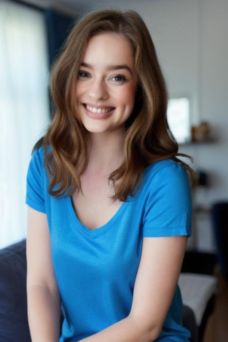 Photo of beautiful m4rym00dy woman, (blurred background)+, blue tshirt, smiling