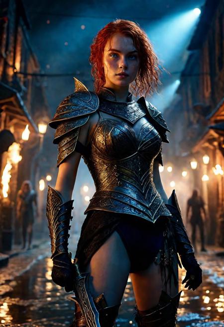 Ultra detailed digital art masterpiece Warrior girl dressed in a Armor, standing in combat pose down the mysterious night street of the big dark fantasy medieval Town, perfect lighting, beautiful Sadie Sink as Warrior girl, attractive woman, elegant, unreal engine 5 nanite quality, mixed with dark elements, dark environment, very dark night, clean dark velour witch clothing, LOTR style, dark washed out eyeliner, no make up, natural bloody face, realistic blue eyes, ultra detailed atmospheric details, beautiful glowing effects, sparkle effects, realistic body proportions, beautiful face proportions, complex masterpiece, wavy red hair, creative glowing detailed tattoos, complex physics, enhanced colors, complimentary colors, ultra detailed raytracing reflections, Ultra detailed complex background, environment feels alive, direct eye contact, dramatic lighting, wet and sweaty skin, beautiful firm Breasts, Concept art portrait by Greg Rutkowski