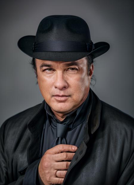 portrait of ss1,  man in Retro Detective: Trench Coat, Wide-Leg Pants, Fedora Hat, Dress Shoes, Suspender Straps epic (photo, studio lighting, hard light, sony a7, 50 mm, matte skin, pores, colors, hyperdetailed, hyperrealistic),  <lora:StevenSeagal:1>