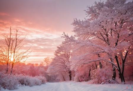snow in winter sunrise, in the style of light red and dark gold, soft focus romanticism, matte photo, silver and orange, light silver and dark pink, dark pink and orange,