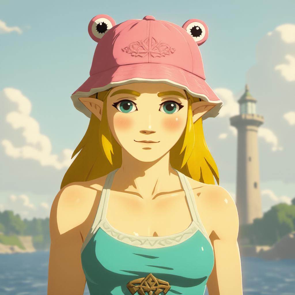 Princess Zelda wearing a pink froggy hat <lora:Froggy_Hat:1>  <lora:Zeldav2_000008000update:1>