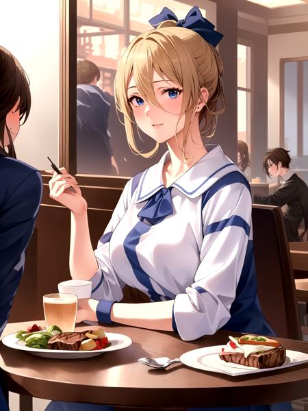 (masterpiece:1.2, best quality:1.1, highres, absurdres, high quality),(photorealistic:1.1),reflected light,colorful,ultra-detailed,8k,ultra hd,super detailed,Violet Evergarden,blonde hair,blue eyes,hair between eyes,indoors,cafe,sitting,steak on table,drunk,blush,<lora:violet_evergarden_v1:0.6>,<lora:hasumi:1>,Hasumi,