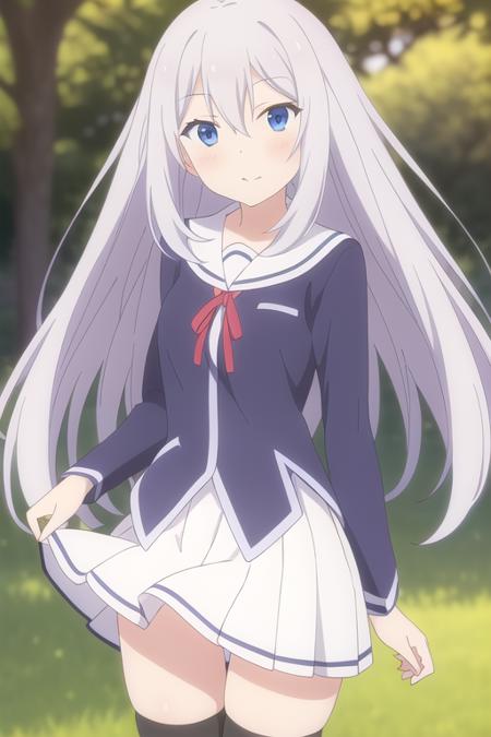 masterpiece, best quality,1girl,solo,anime screencap, natsukawa masuzu,blue eyes, grey hair,hair between eyes,very long hair,straight hair,neck ribbon, school uniform,white skirt,blue shirt,black thighhighs,<lora:masuzu:0.6>,
