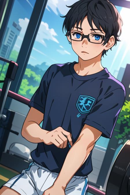 masterpiece, best quality, game cg, 1boy, solo, male focus, looking at viewer, , , <lora:kousei_arima:0.68>, kousei_arima, black hair, glasses, blue eyes, gym uniform, hat