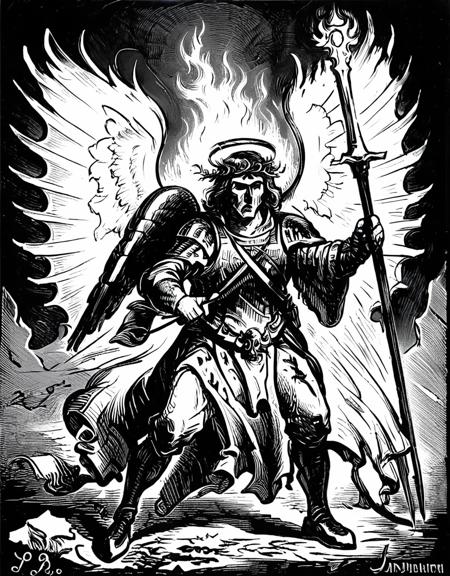 an angel of destruction holding a flaming blade,grayscale, art by llbreton, <lora:LLbreton_V3:1>