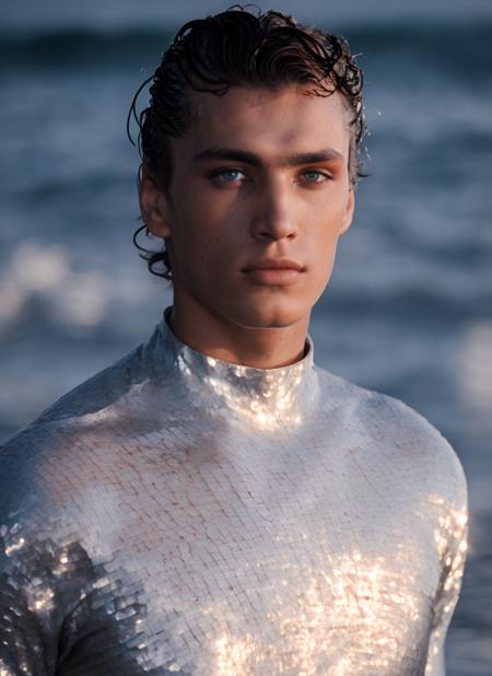 (studio portrait:1.2) of  beautiful 20 years old beautiful boy ihtiandr <lora:ihtiandr:0.7>, wearing silver bodysuit, wet hair, dreamlike blue eyes, big waves, evening, sharp focus, epic lighting, detailed face, subsurface scattering, f2, 35mm