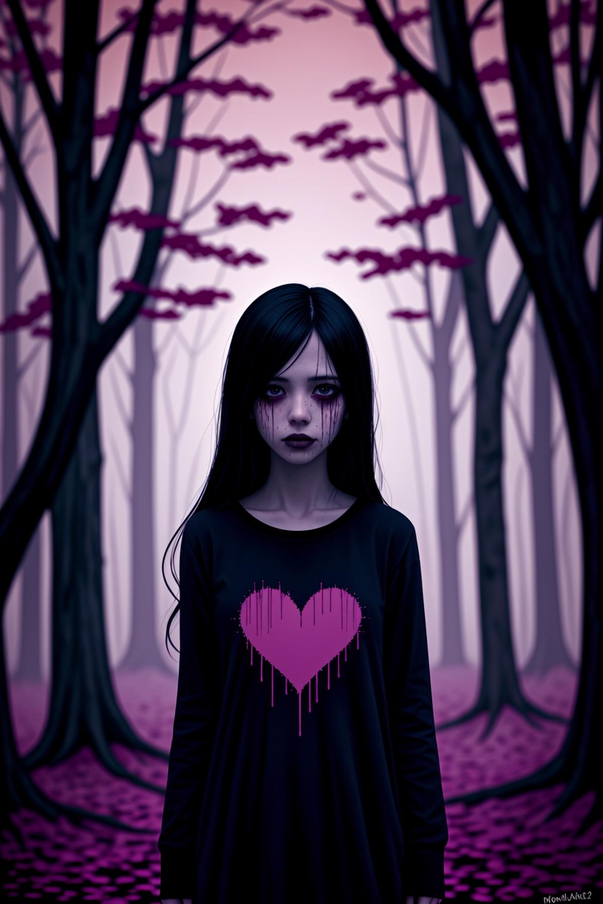 A dark, gothic scene with a girl wearing a black shirt with a heart on it.