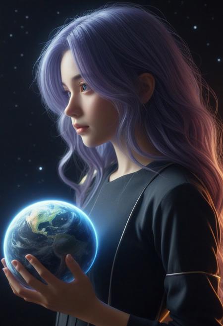 masterpiece, best quality, amazing quality, very aesthetic, absurdres, newest, extreme detail,fantastic,fantastic,hdr,4k,8k,hdr,1girl,solo, BREAK  CosmicStyle,upper_body,galaxy,holding_planet,cosmic.glowing_hair,anime,side_view