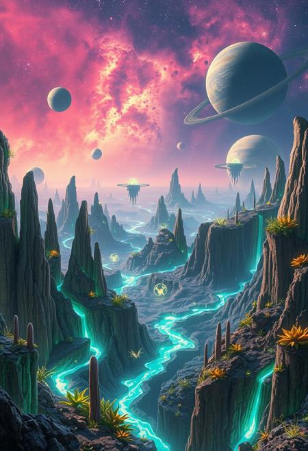 A breathtaking alien landscape, on a distant planet, featuring towering, bioluminescent flora and floating islands suspended in a vibrant
, nebula-filled sky. The terrain is a mix of crystalline formations and glowing, otherworldly plants. Rivers of liquid light flow through the valleys, casting an ethereal glow across the scene. Strange, luminescent creatures can be seen in the distance, blending seamlessly with the fantastical environment. The horizon is dotted with multiple moons and a giant, ringed planet, adding to the surreal beauty of this extraterrestrial world