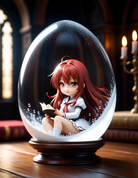 Close-up digital illustration,miniature, minimized, ( 1girl,Rias Gremory (High School DxD) inside transparent egg:1.3), Central composition, Delicate closed beak, (Transparent eggshell with microbubbles:1.2), Fine veins across surface, Crystal-clear organic effect, Resting on wooden table, Subtle wood texture, (Blurred necromancer castle background:1.2), Dark stone walls, Faint glowing runes, Shadows cast across ancient tomes, Soft light from the left, Golden halo surrounding chick, Ethereal softness, Warm lighting, Accentuated natural tones, Velvety and radiant visual, Masterpiece, best quality, hi res, 8k, (sharp focus, intricate details)..Masterpiece,best quality,hi res,8k,hi res,8k,award winning,(sharp focus, intricate, highly detailed),