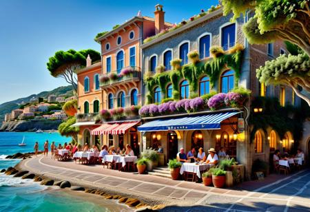(full shot:1.8) (seaside viewpoint:1.5) , cinematic photo of (complexe photorealistic background:1.3) (very detailed background:1.5) (nikon 5D),(photorealistic:1.6), (RAW photo:1.3), Fujifilm XT3, (extremely detailed faces:1.5), very high quality, ultra high resolution.(a luminous  beautiful square with trees:1.3 ), ((tourists:1.2) in the beautiful Italian town of Riomaggiore:1.5), (millennia-old architecture reveals historic details and the passage of time on magnificent facades and arcades:1.3). (different  crafts sellers and street vendors with (tourists:1.1):0.9), ( (young tourists:1.5) are having coffee on bar terraces:1.0), (near the sea:1.4). (historic buildings embellish the site:1.5). (in the middle of summer, by famous Italian photographers, street photography, vibrant colors, warm sunlight, Nikon D850, 35mm, high resolution.  35mm photograph, film, professional, 4k, highly detailed