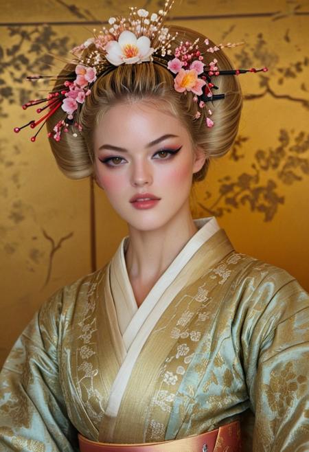 swiss model Julie ordon dressed and make up like a 18th century japanese geisha