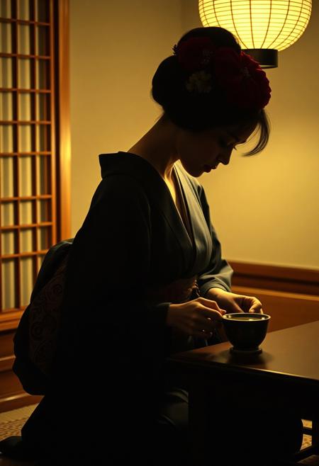 A Japanese geisha in the intimate glow of a paper lantern, her kimono slightly loosened to reveal the nape of her neck—a traditionally erotic focal point. She kneels by a low table, pouring tea with deliberate grace, her fingers lingering on the porcelain. The scene is rendered in the style of ukiyo-e woodblock prints, with rich indigo and gold hues, delicate fabric textures, and soft chiaroscuro lighting. Shot on a vintage 8x10 film camera for a timeless, painterly quality.