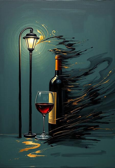 A hyper-stylistic, extremely detailed image depicts a breathtaking painting, crafted from a combination of smeared greyish green, black and gold metallic paint. A wine bottle and glass of wine is next to a lone street light at night is captured in a streaked motion, as if it is moving rapidly in one direction. The black paint is applied in bold, dynamic strokes, creating a sense of energy and movement that is contrasted beautifully by the golden accents. The gold paint is used to highlight the figure and street lights features, adding a sense of depth and dimensionality to the image. The overall effect is one of breathtaking, surreal dynamism, as if the viewer has captured a fleeting moment in time. Every detail of the image is meticulously crafted, from the delicate, swirling patterns of the gold paint to the intricate, textured patterns of the black paint. The contrasts between light and dark, color and texture, create a sense of tension and energy that draws the viewer in, inviting them to explore the kinetic world of the painting. highest-Quality, intricate details, visually stunning, Masterpiece