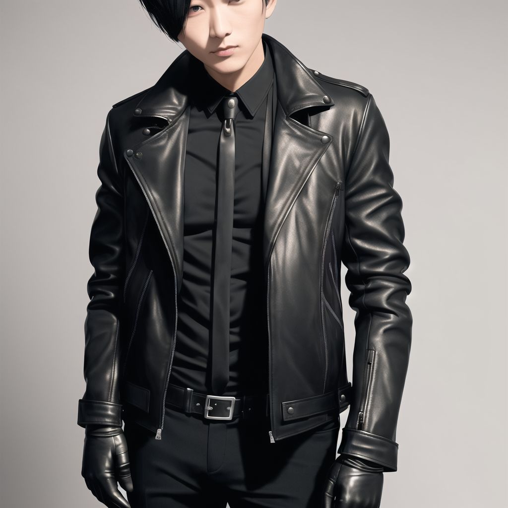 1man, bachelor, black gloves, black hair, black jacket, brooch, leather, leather gloves, leather jacket, short hair, solo,