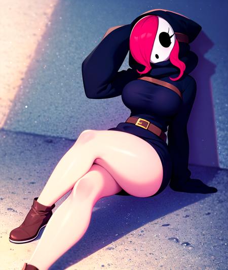 toon \(style\), solo focus, foreground focus, 1girl, dress, hood, mask, hollow eyes, hood up, black dress, brown belt, thighs, white boots, red hair, hair over one eye (sleeves past fingers, sleeves past wrists), large breasts, (crossed legs, elbow on knee, elbow rest, knee up, on floor, sitting)