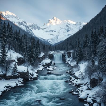 Medieval, D&D, contrast, a snowy mountain range, a half frozen waterfall, a fast flowing river and snowy forests, real photo, 4k