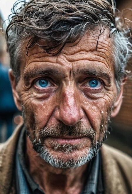 portrait of very old,(150 years old), poor, homeless, tired, man, blue small eyes, toothless ,open mouth, teeth, wet skin (intense stare:1.3),in a dirty alley,(headshot:1.2),(face focus:1.1),(facing the camera:1.2),head in the center,slight smile but sad,(facing straightforward:1.2),(forward facing:1.1),face,Head,Head focus,Head tilted down,bokeh,f1.4,40mm,photorealistic,raw,8k,skin pores,dried-up,textured skin,intricate details,dramatic light,award winning,style by Dan Winters,RAW photography,film grain,(indistinguishable from reality:1.4),photo taken with a Bolex H16, (detailed facial features:0.2), high quality, professional photo, 28mm, (intricate detail), ((incredibly detailed skin:0.38)), Surreal Harmony, cinematic, lighting, 8K, HDR10, analog,