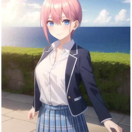 ((masterpiece)),(best quality),official art,extremely detailed CG,unity 8k wallpaper,ultra detailed,A lighthouse on a cliff by the sea,1girl,solo,cowboy shot,short_hair,pink_hair,blue_eyes,blue_jacket,dress_shirt,white_shirt,pleated_skirt,green_skirt,bangs,school_uniform,smile,collared_shirt,hair_between_eyes,breasts,long_sleeves,<lora:Nakano Ichika(tqq)>,