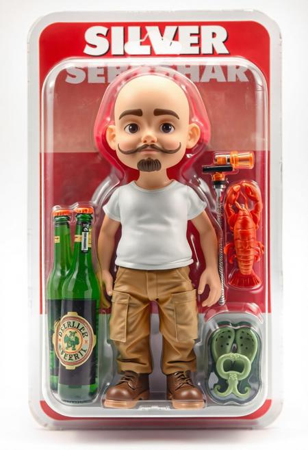 Create a realistic image of a movable 3D figure (doll), with the character described by me. Consider the main features - a bald guy with a small beard on his chin and a thin curled mustache, stands straight, standard size, a young man with a belly. Sharp facial features, It should be packed in a transparent blister. The packaging is painted red and white. At the top of the package there is a large white inscription: "SILVER BEERSAUR". The figure is dressed in a white T-shirt, Coyote-colored cargo pants, brown boots. Also add accompanying items next to the figure in the form of plastic accessories - two large plastic PET bottles of beer, a vape, Crocs, a boiled crayfish. The style of the image is cartoonish, cute, but neat.