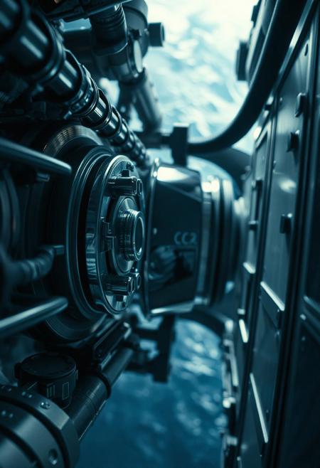 Realistic cinematic scene in 4K resolution of a modern space station docking, close-up of docking glands, hydraulic mechanisms, and connector tubes, soft reflections on metallic surfaces, subtle ambient lighting, cold blue and grey color tones, melancholic and nostalgic atmosphere, Earth visible in the background, light fog and particles in space, highly detailed, photorealistic, cinematic lens effects, shallow depth of field, modern sci-fi style, sharp focus