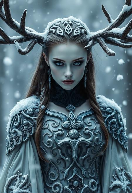 The image portrays a photorealistic, ethereal figure that blends elements of nature and fantasy, embodying the essence of a winter deity or forest spirit. The central figure is a woman with pale, almost ice-like skin, her face striking and defined by sharp, otherworldly beauty. Her eyes are dark and haunting, accentuated by black makeup that creates a stark contrast to her frosty complexion. Her expression is calm yet powerful, exuding a commanding presence.
She wears a regal, intricately designed gown, adorned with frosted patterns and icicles, as though her attire is woven from the very essence of snow and ice. The fabric of her garment seems to blend seamlessly into the swirling snow around her, giving the impression that she is part of the winter storm. Her chest is highlighted by an elaborate, darkened emblem or symbol, adding to her mystical aura.The most striking feature is the large, dark, tree-like antlers that grow from her head, coated in snow and frost, further connecting her to nature and the wilderness. These antlers give her a majestic, almost animalistic quality, as if she is the embodiment of winter itself. Snow swirls around her, with branches and ice shards blending into the stormy background, enhancing the cold, wintry atmosphere. The dark, stormy ambiance adds to the sense of her being a powerful, elemental force..(8k, RAW photo, best quality, ultra high res, depth of field:1.1), (absurdres, intricate, photorealistic, masterpiece, ultra-detailed)