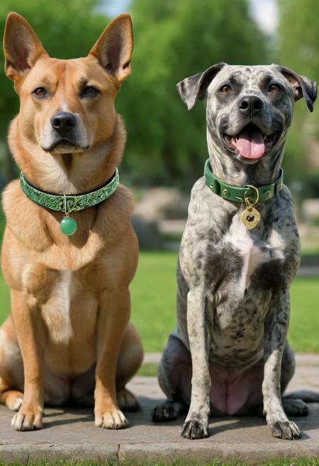 A green jade dog collar on a stylish dog who looks embarrassed about its overly fancy accessory, sitting next to a plain-looking dog wearing a smug expression, park setting, ultra-detailed, photorealistic, 4K resolution
 <lora:Obsidian_Jade_Style:0.8>