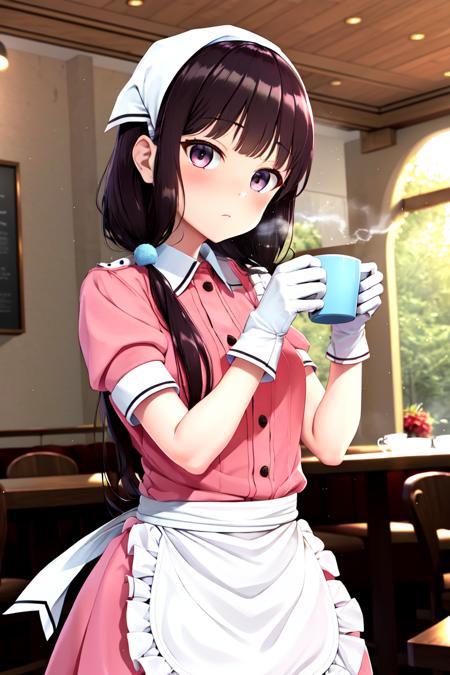 (masterpiece, best quality, absurdres:1.2), MaikaSaku, <lora:Maika5:0.8>, dynamic pose, looking at viewer, (indoors, cafe), frills, white gloves, pink uniform, puffy short sleeves, waist apron, white apron, pink shirt, frilled apron, head scarf, (holding, holding mug, drinking, steam)