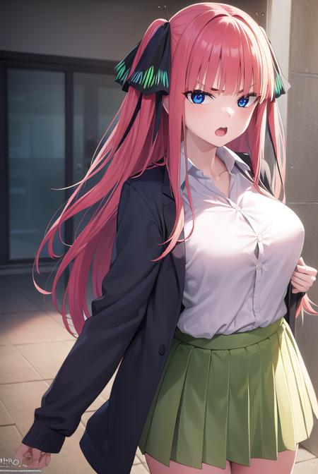 ninonakano, <lora:ninonakano-lora-nochekaiser:1>, 
nino nakano, long hair, bangs, blue eyes, hair ornament, hair ribbon, pink hair, blunt bangs, two side up, butterfly hair ornament, <lora:gekioko_v200:1>, angry, open mouth,
BREAK skirt, shirt, long sleeves, white shirt, pleated skirt, open clothes, collared shirt, sleeves past wrists, dress shirt, cardigan, green skirt, open cardigan, black cardigan,,
BREAK indoors, classroom, school,
BREAK looking at viewer, 
BREAK <lyco:GoodHands-beta2:1>, (masterpiece:1.2), best quality, high resolution, unity 8k wallpaper, (illustration:0.8), (beautiful detailed eyes:1.6), extremely detailed face, perfect lighting, extremely detailed CG, (perfect hands, perfect anatomy),