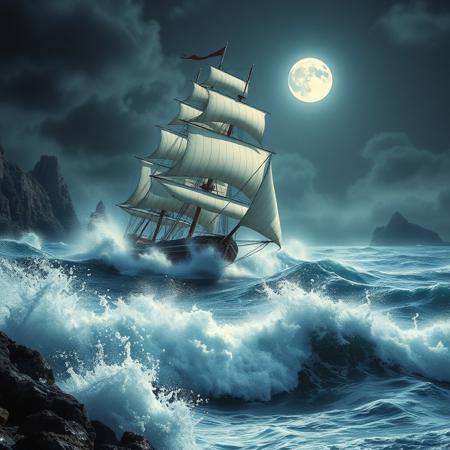 Dramatic, action-themed image featuring a majestic sailing ship with multiple white sails, navigating through a rough, storm tossed, moonlit sea. The ship is battling the waves which threaten to drive her onto the deadly cliffs. The scene is bathed in light from the full moon, which is illuminating the spray as the waves break. In the foreground, waves break on a rocky shore. In the background jagged islands rise majestically from the sea. high resolution, photorealistic, 24mm wide-angle lens.