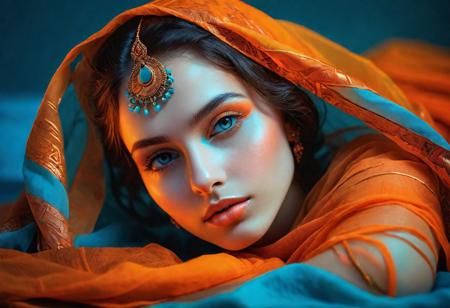 a indian , princess, pale skin, 18 years, lying with her head covered in a cover up, in the style of glowing colors, volumetric lighting, dark orange and sky-blue, teal orange ,timeless beauty, glowing neon, bold shadows, electric color schemes