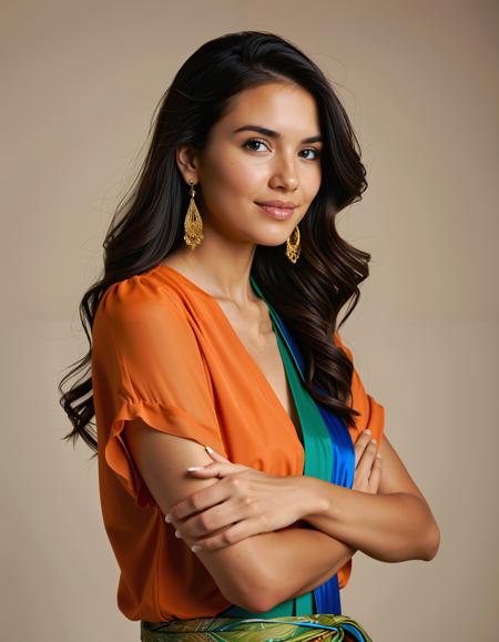 A professional headshot of a young woman with long, wavy dark brown hair, wearing an orange blouse with a blue and green patterned sash. she is standing in the middle of the image, with her arms crossed, looking directly at the viewer with a warm, inviting smile. her eyes are a deep brown, and her hair falls down her back, framing her face. the background is a gradient of dark blue and purple, with blurred lines, creating a dreamy, ethereal quality. the woman appears to be of indeterminate ethnicity, with a slender physique and fair skin. she wears gold earrings and bracelets on her wrists, adding a touch of elegance to her overall appearance. overall, the image exudes a sense of calmness and introspection, making it a captivating and professional portrait.