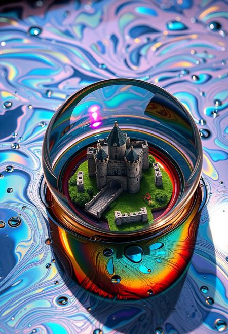 A mesmerizing dance of oil and water, creating intricate, iridescent patterns across the surface. At the heart of the oil slick, a translucent orb shimmers, revealing a miniature castle nestled within, as if glimpsed through a portal to another dimension. Macro perspective, Ultra-detailed, Hyperrealistic, Vivid, iridescent colors swirling in the oil, Water droplets beading on the oil's surface, Castle within the orb meticulously detailed, Sunlight refracting through the oil, casting rainbows, The scene evokes wonder and curiosity. Perfectly spherical, Translucent with subtle distortions, Castle within is clear and in focus, Medieval style, Stone walls, towers, and a drawbridge, Lush green landscape surrounding it, A dark, reflective surface to contrast the colors, Hints of light sources reflecting in the oil, highest-Quality, 8 k, intricate details, visually stunning, Masterpiece