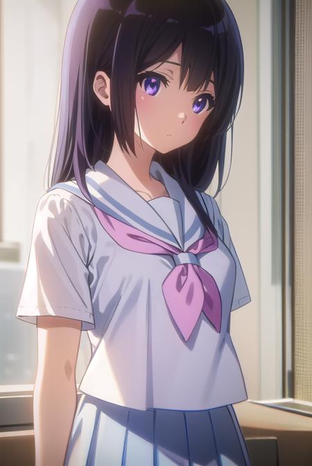 reinakousaka, <lora:reina kousaka s2-lora-nochekaiser:1>,
reina kousaka, kousaka reina, long hair, bangs, black hair, (purple eyes:1.1),
BREAK skirt, shirt, school uniform, white shirt, short sleeves, pleated skirt, serafuku, sailor collar, blue skirt, neckerchief, red sailor collar, school bag, pink neckerchief, kitauji high school uniform,
BREAK indoors, classroom,
BREAK looking at viewer, (cowboy shot:1.5),
BREAK <lyco:GoodHands-beta2:1>, (masterpiece:1.2), best quality, high resolution, unity 8k wallpaper, (illustration:0.8), (beautiful detailed eyes:1.6), extremely detailed face, perfect lighting, extremely detailed CG, (perfect hands, perfect anatomy),