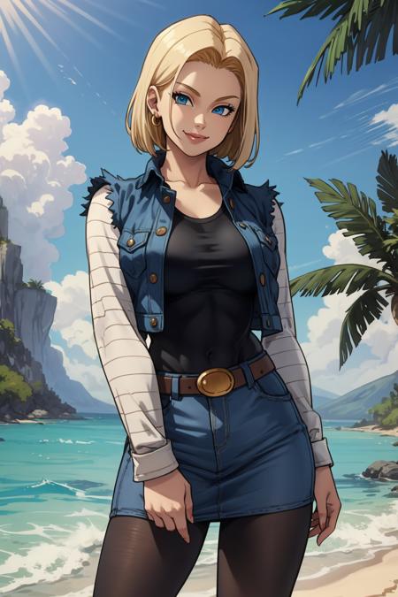 1girl, (solo:1.2), (standing:1.3), (interacting:1.3), (cowboy shot:1.5), (curvy:1.2), smile, happy, at ease, (masterpiece:1.3), (best quality:1.3), (perfect anatomy:1.4), highly detailed, (tropical beach:1.3), palm trees, azure blue water, daylight, summer,, <lora:DB - Android 18 [AsuraAI - v1.0]:0.85> android18, earrings, denim, belt, blonde hair, blue eyes, short hair, jewelry, (denim vest:1.2), open vest, black pantyhose, black shirt, denim skirt, (white striped long sleeves), blue skirt, large breasts, <lora:Houtengeki [MockAi - v1.0]:0.8> houtengeki, soft shading