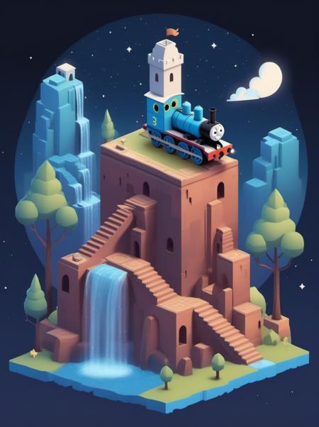 video game monument valley style, A huge Thomas the Train on the roof, stairs, water, cloud, trees, waterfall, gradient background, Night, starry sky, <lora:Monument Valley style:0.4>