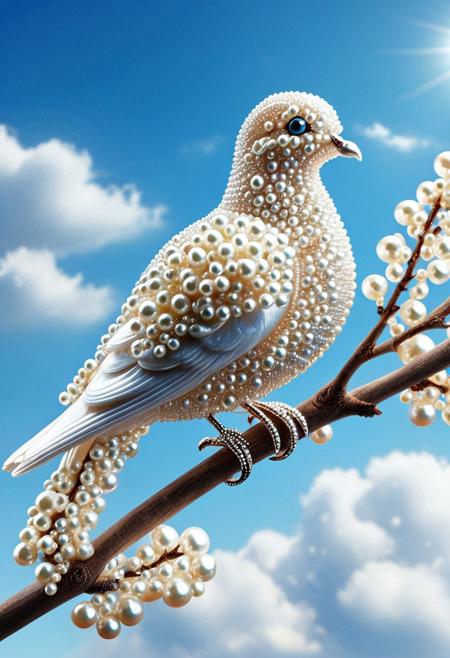 Pearlum, Dove made out of pearls on a branch, blue sky background, realistic, photography, high quality