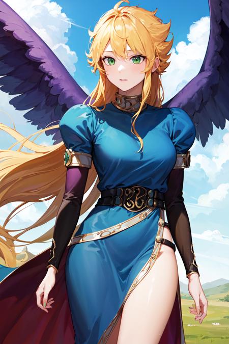 bbnina, blonde hair, long hair, green eyes, (purple wings:1.1), feathered wings, blue dress, puffy sleeves, long sleeves, thighs, side slit