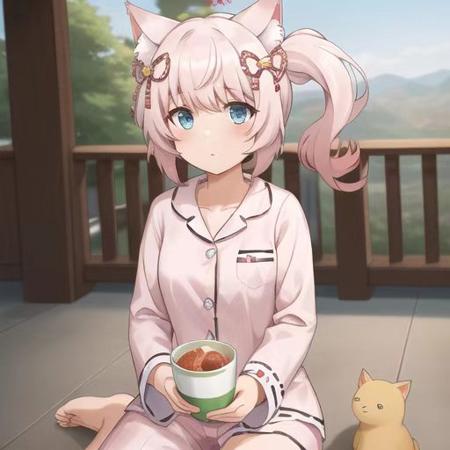 masterpiece, best quarity,outdoor, Howan,blue eyes, pink hair,animal ears, side ponytail,animal ears, hair ornament,(pajamas)