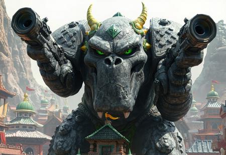 "Immerse yourself in the epic scene of a colossal Gorgonic Golem standing guard in an ancient city. This 4K, hyper-realistic artwork showcases the Golem's detailed face, adorned with green and yellow accents, and equipped with two guns. The city's buildings, including a green one with a white roof, contrast the gray surface, enhancing the playful setting. The Golem's dynamic action pose, vivid emotions, and captivating lighting bring this cinematic masterpiece to life, making it perfect for CGSociety or Artstation's trending page. Experience the intricate detail and photorealistic quality with dynamic lighting and coherent artwork."
