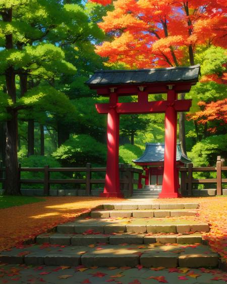 @Spirited, shrine in the forest, fall color leaves, volumetric lighting, realistic shadows