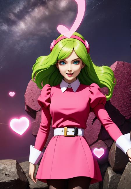 <lora:briannedechateau_i3_ex1:0.9>, briannedechateau-smf, 1girl, solo, green hair, blue eyes, pantyhose, heart, dress, hairband, puffy sleeves, open mouth, pink dress, belt, long hair, smile, dark sky, cloud, long sleeves, juliet sleeves, night, black pantyhose, looking at viewer, breasts, pink sky, full of hearts, neon lights, ruins, stone, pink energy, battle stance, pink aura