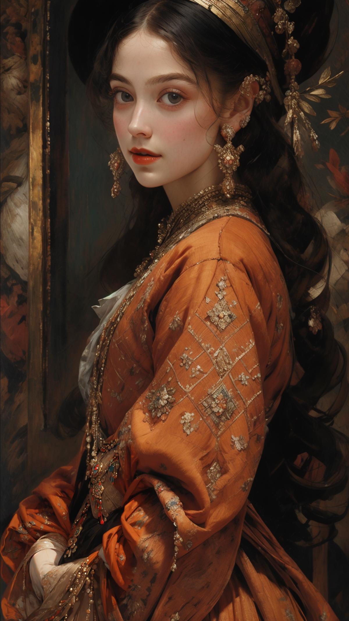 A beautifully drawn portrait of a woman wearing an orange dress, with her hair in a braid and jewelry adorning her.