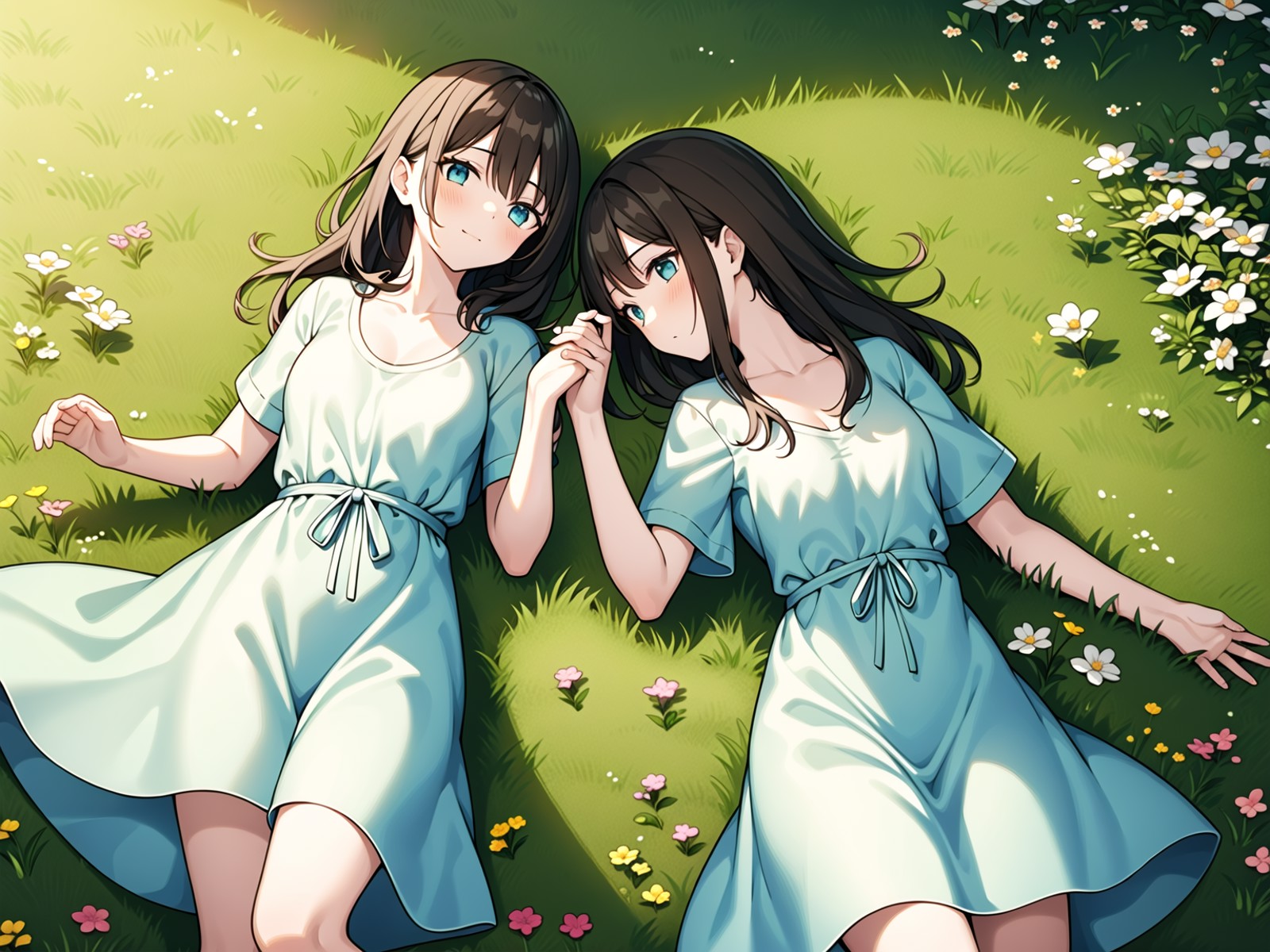 2girls, lying, lawn, flower, from above, upper body