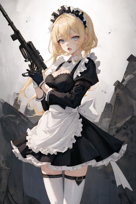 art by Cornflower, dreamy, <hypernet:Cornflower_Phantom:1.0>
(1girl, apron, assault_rifle, black_gloves, black_legwear, blonde_hair, blue_eyes, breasts, dress, g36_\(girls'_frontline\), gloves, gun, hair_between_eyes, heckler_&_koch, holding_gun, holding_weapon, looking_at_viewer, maid, maid_apron, maid_headdress, open_mouth, rifle, solo, submachine_gun, thighhighs, trigger_discipline, weapon, white_apron, window)<hypernet:yukoring:0><lora:Cornflower-000001:0>