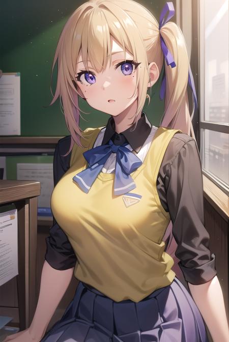 maikawakami, <lora:maikawakamitest:1>, mai kawakami, blonde hair, hair ribbon, long hair, mole, mole under eye, ribbon, side ponytail, (purple eyes:1.2),
BREAK school uniform, skirt, vest, yellow vest,
BREAK indoors, classroom,
BREAK looking at viewer,
BREAK <lyco:GoodHands-beta2:1>, (masterpiece:1.2), best quality, high resolution, unity 8k wallpaper, (illustration:0.8), (beautiful detailed eyes:1.6), extremely detailed face, perfect lighting, extremely detailed CG, (perfect hands, perfect anatomy),