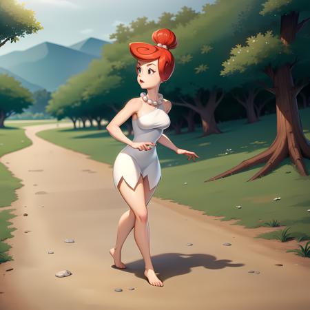 ((masterpiece, best quality)),(complex lighting) ,full body, solo, wilma flintstone, red hair, ponytail, <lora:Wilma_Flintstone1:0.8>,white dress, pearl necklace, lipstick, running, forest, barefoot,