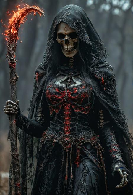 super realistic image, high quality uhd 8K, of 1 girl, realistically detailed (goddess of hell from hellheim), skull right half face, (((beautiful left half body))). (((right half body rotten and decrepit zombie))), thin, tall body, long black hair, ((long black funeral lace dress)), ((giant fantastic scythe, dark and glowing energy)), ((long magic cape)), (((long magic staff))), real and vivid colors, standing