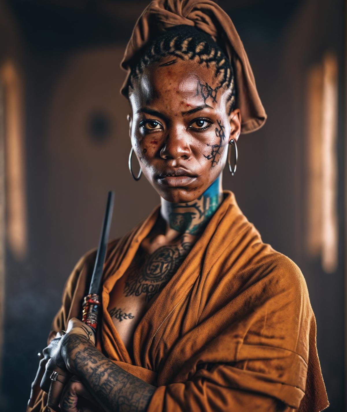 A woman with tattoos and a scar on her face, wearing a brown shawl and holding a wand, poses in front of a wall.